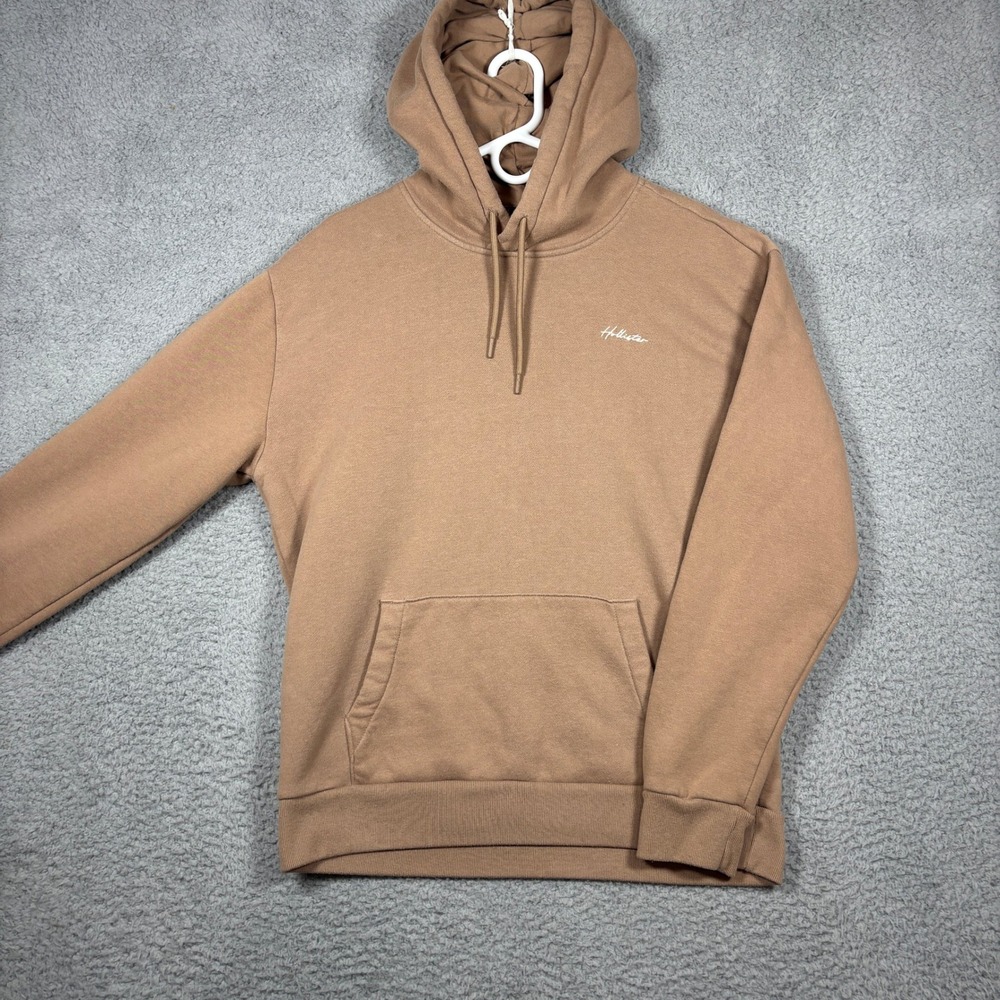 Hollister Hoodie Mens M Tan Relaxed Fit Embroidered Logo Fleece Pullover Pocket
